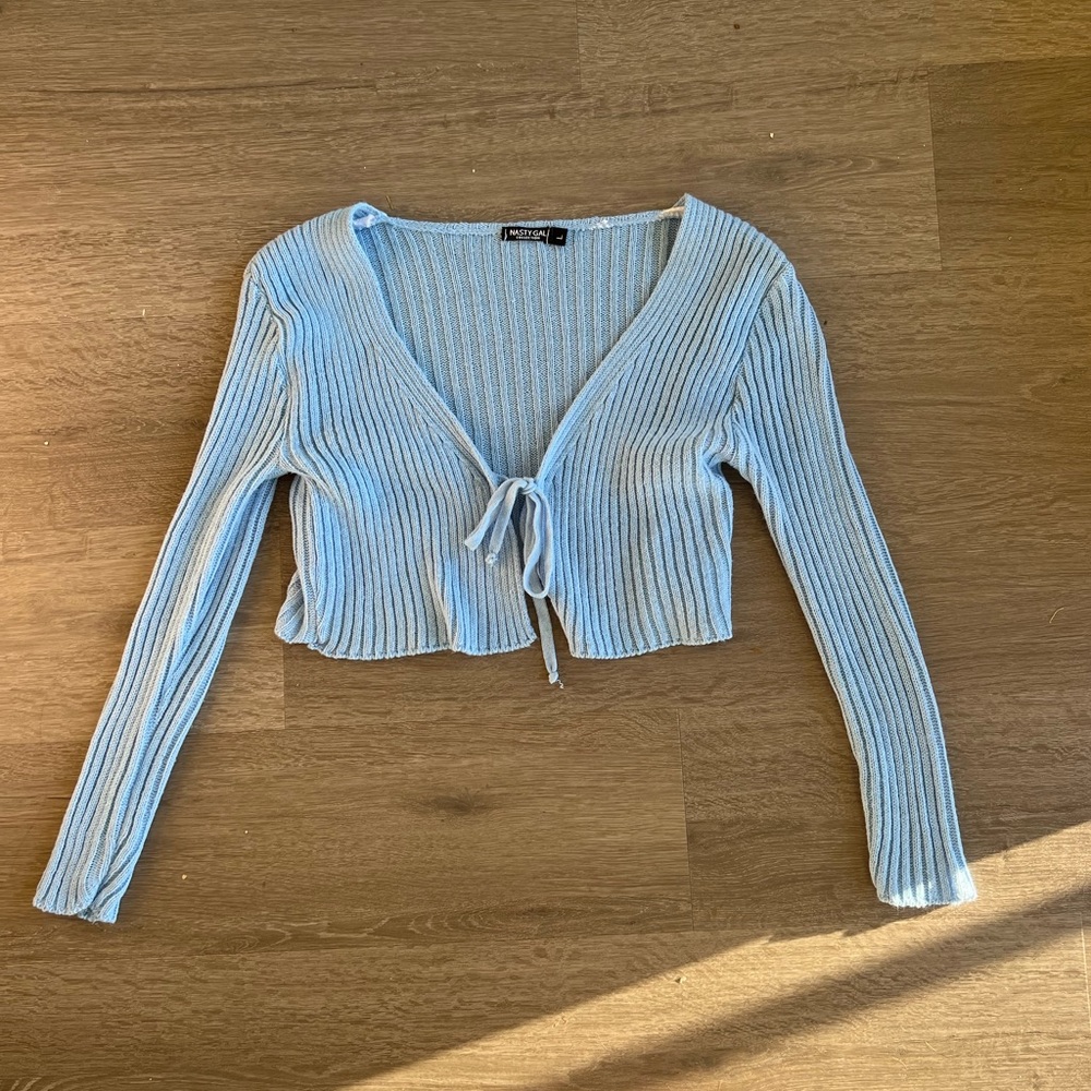 nasty gal tie up cardigan ribbed baby blue